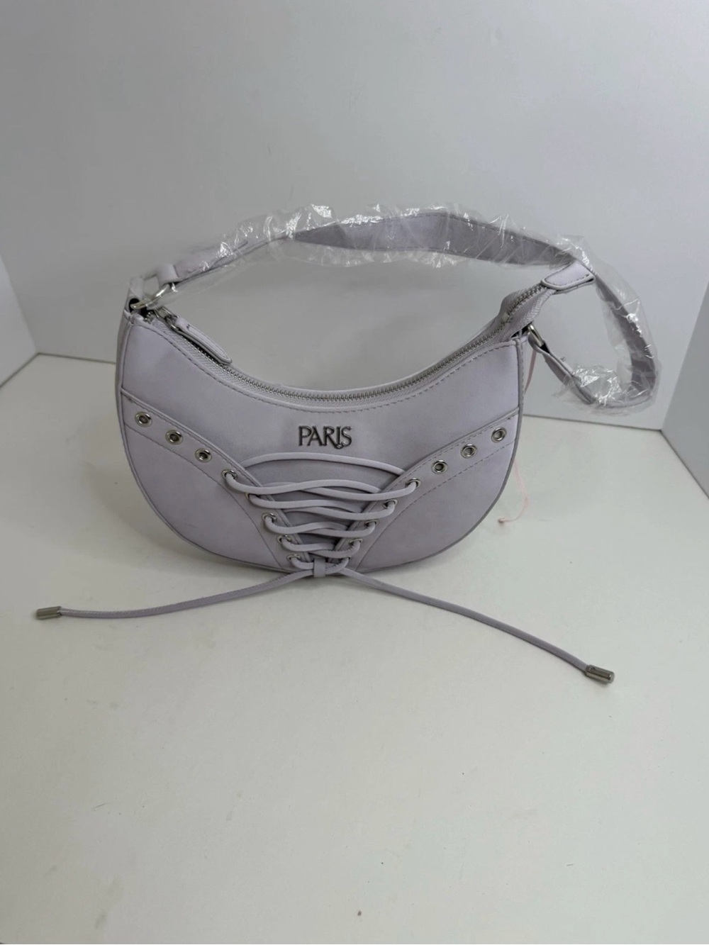 Paris Lilac Crescent Shoulder Bag Y2K Lace Up Detail Baguette Purse Purple New